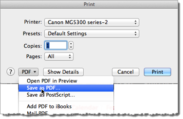 PDF settings, Mac OS Print window