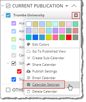 Calendar settings link, context menu