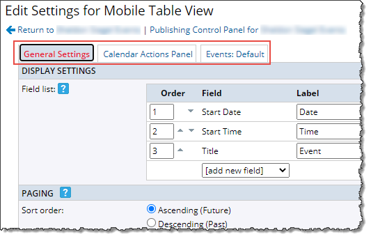 Mobile Table view settings page tabs
