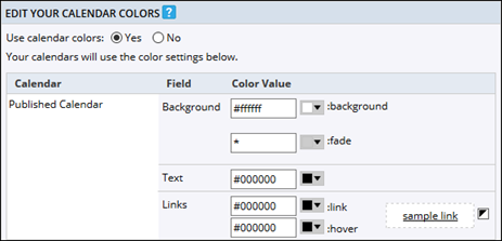 Published calendar default event color settings