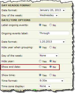 Settings tab, date/time format options