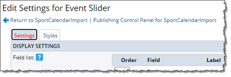 Edit Settings for Event Slider page