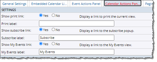 Calendar actions tab
