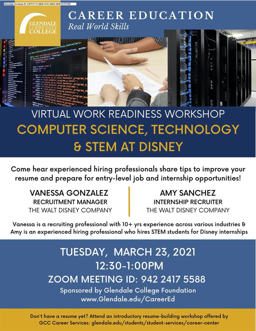 Virtual Work Readiness Workshop: Computer Science, Technology & STEM at  Disney, Tuesday, March 23, 2021, 12:30 - 1pm - GCC Calendar | Glendale  Community College