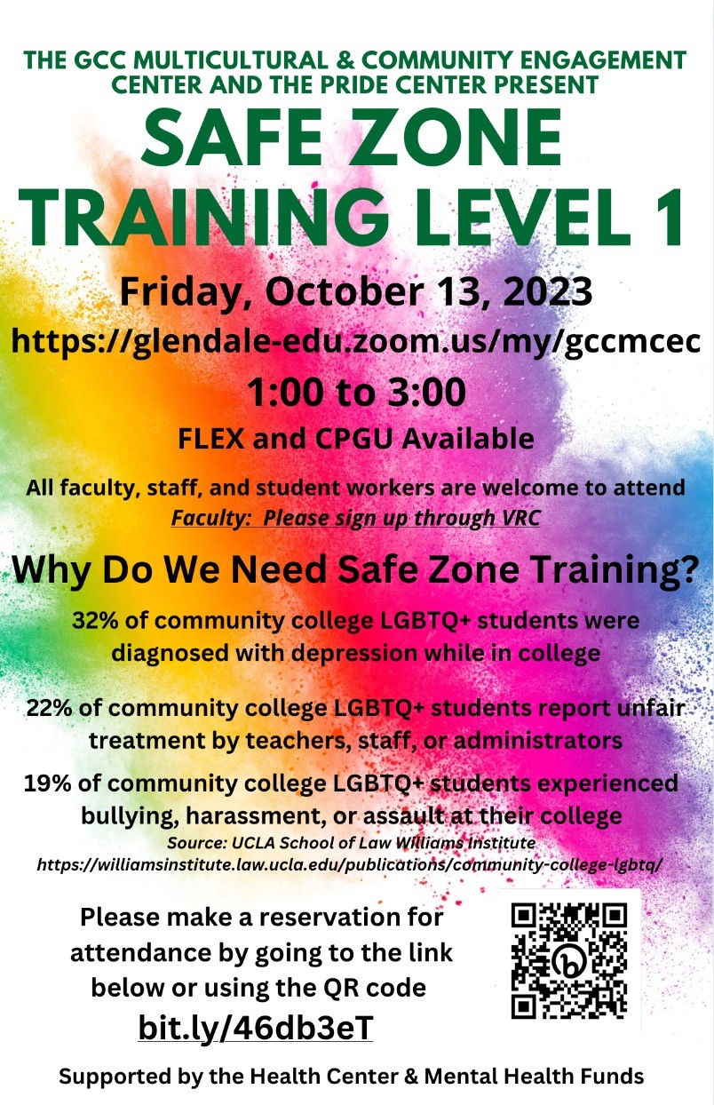 Safe Zone Training Level 1, Friday, October 13, 2023, 1 - 3pm - Event  Calendar – Associated Students of Glendale Community College