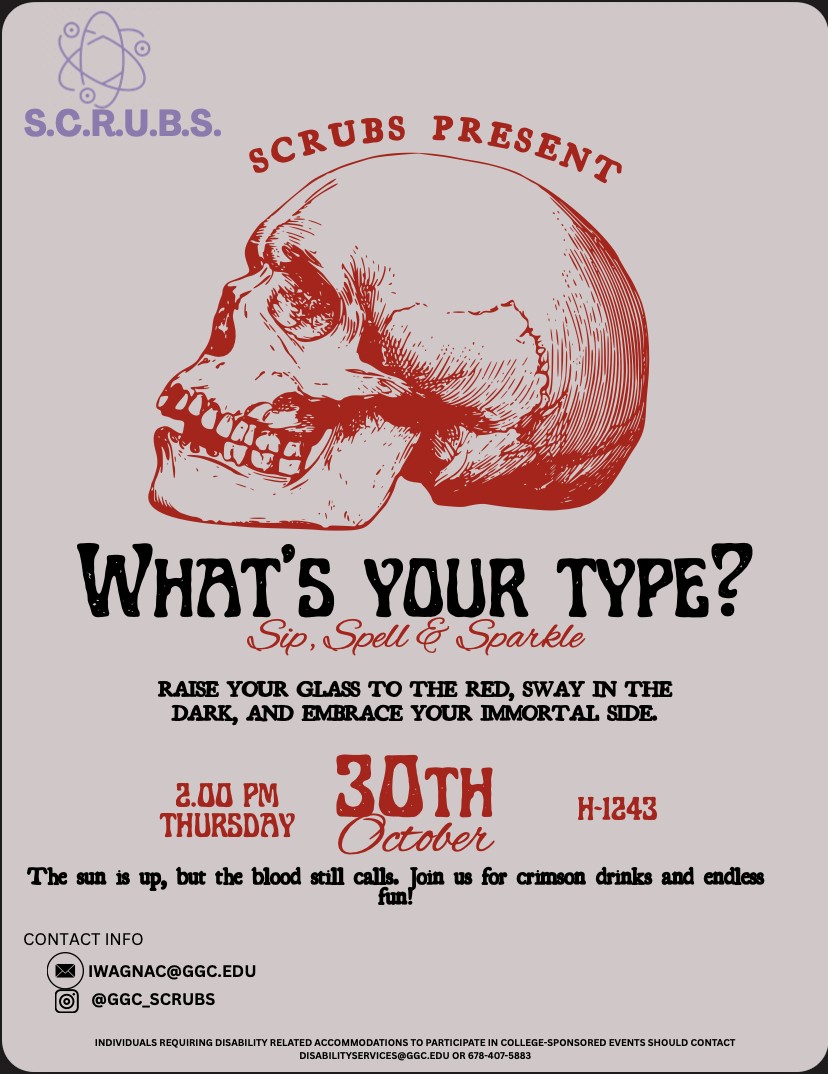 The image is a Halloween-themed event flyer for the student club S.C.R.U.B.S.
