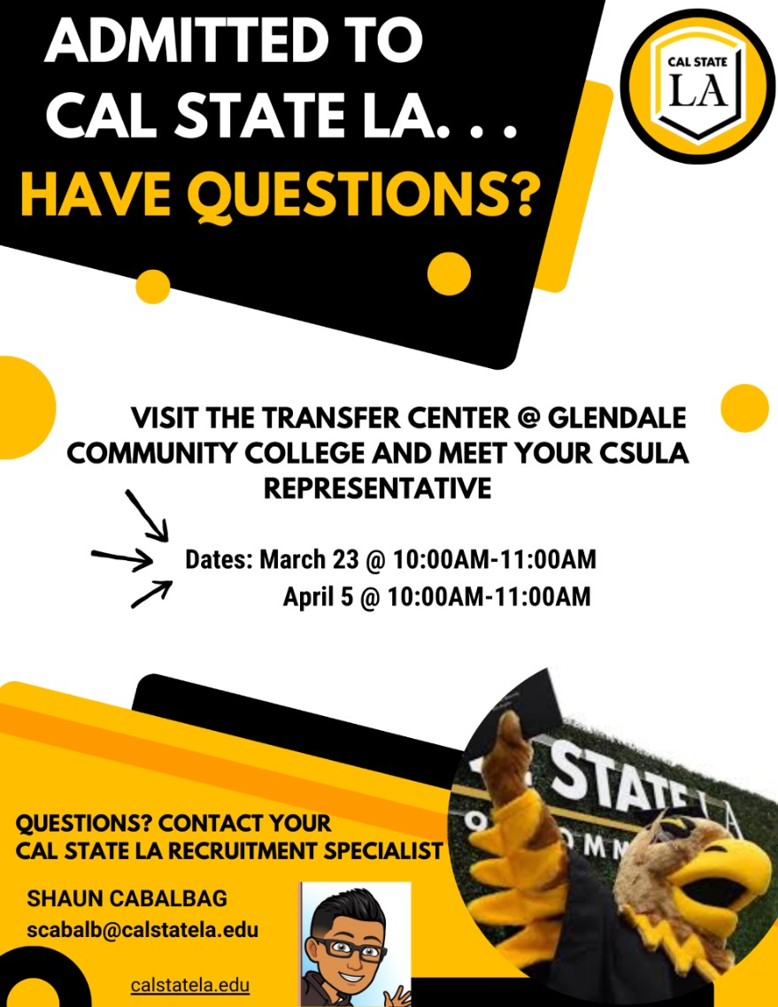 CSULA Advisement/Information Session, Thursday, March 23, 2023, 10 - 11am -  TRANSFER CENTER CALENDAR | Glendale Community College